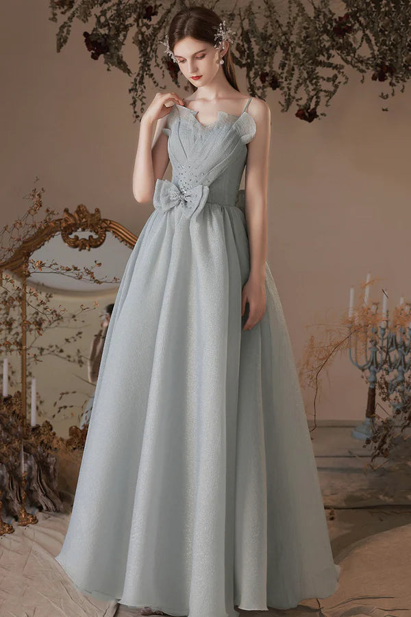 Gray Tulle Long A-Line Prom Dress with Bow Lovely Graduation Dress