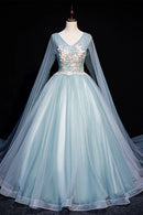 Blue V-Neck Lace Long Prom Dress Blue A-Line Formal Evening Dress