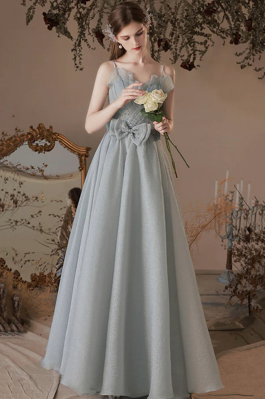 Gray Tulle Long A-Line Prom Dress with Bow Lovely Graduation Dress