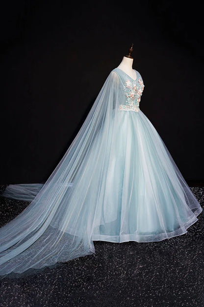 Blue V-Neck Lace Long Prom Dress Blue A-Line Formal Evening Dress