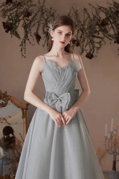 Gray Tulle Long A-Line Prom Dress with Bow Lovely Graduation Dress