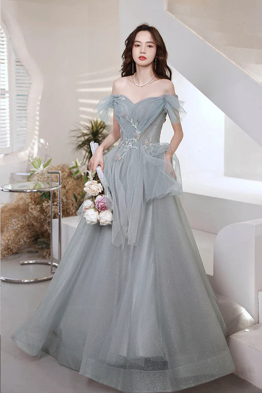 Gray Tulle Long A-Line Prom Dress Off the Shoulder Evening Party Dress