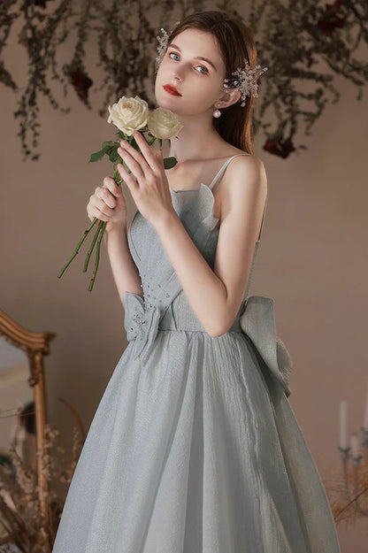 Gray Tulle Long A-Line Prom Dress with Bow Lovely Graduation Dress