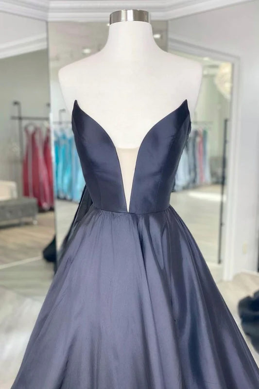 Black Strapless Satin Long Prom Dress Black A-Line Evening Dress