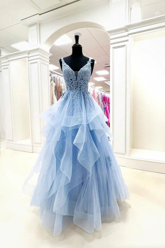 Blue V-Neck Lace Long Prom Dress Blue Tulle Layers Formal Evening Dress