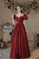 Burgundy Satin Long A-Line Prom Dress Cute Short Sleeve Graduation Dress