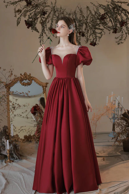 Burgundy Satin Long A-Line Prom Dress Cute Short Sleeve Graduation Dress