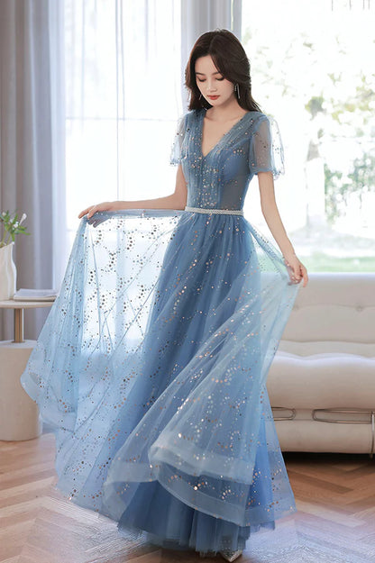 Blue V-Neck Tulle Sequins Long Prom Dress A-Line Evening Party Dress