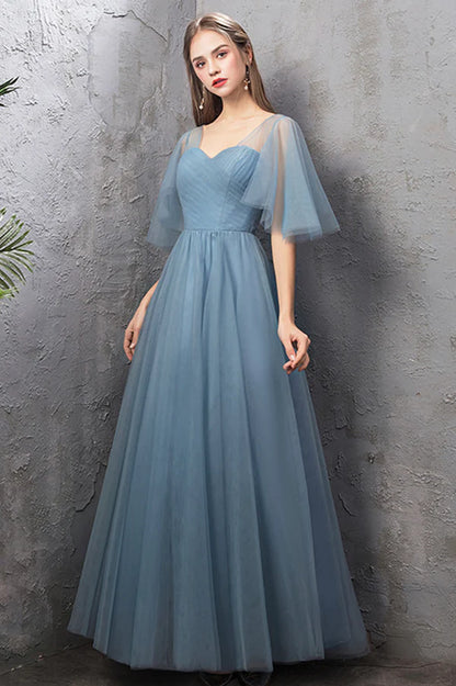 Blue Tulle Long A-Line Prom Dress Simple Blue Evening Bridesmaid Dress