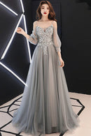 Gray Tulle Lace Long Prom Dress A-Line Long Sleeve Evening Dress