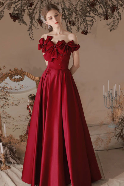 Burgundy Satin Long A-Line Prom Dress Off the Shoulder Evening Dress with Bow