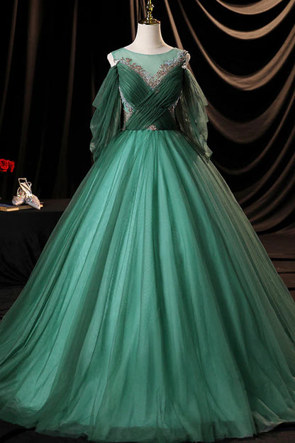 Green Scoop Neckline Tulle Formal Evening Dress A-Line Long Sleeve Prom Dress