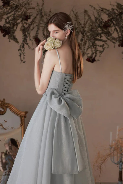 Gray Tulle Long A-Line Prom Dress with Bow Lovely Graduation Dress