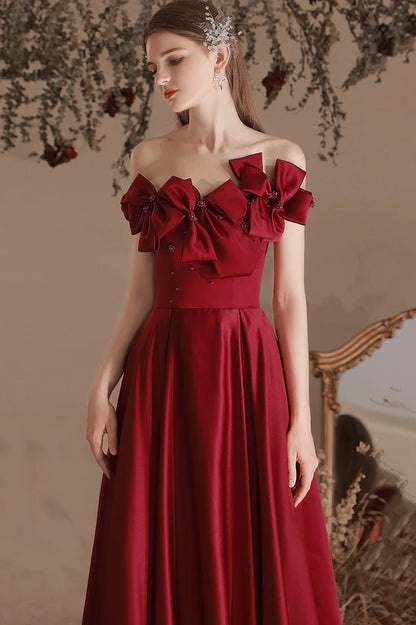 Burgundy Satin Long A-Line Prom Dress Off the Shoulder Evening Dress with Bow