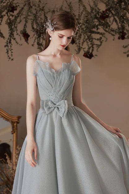 Gray Tulle Long A-Line Prom Dress with Bow Lovely Graduation Dress