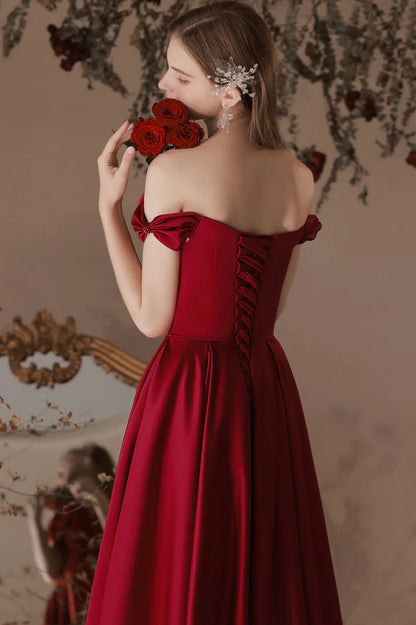 Burgundy Satin Long A-Line Prom Dress Off the Shoulder Evening Dress with Bow