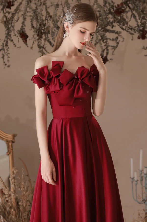 Burgundy Satin Long A-Line Prom Dress Off the Shoulder Evening Dress with Bow