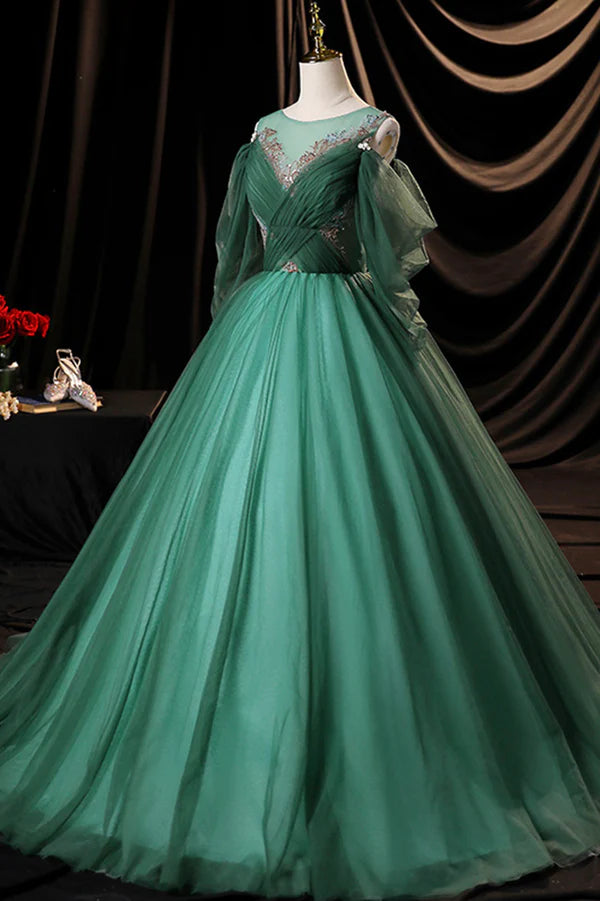 Green Scoop Neckline Tulle Formal Evening Dress A-Line Long Sleeve Prom Dress