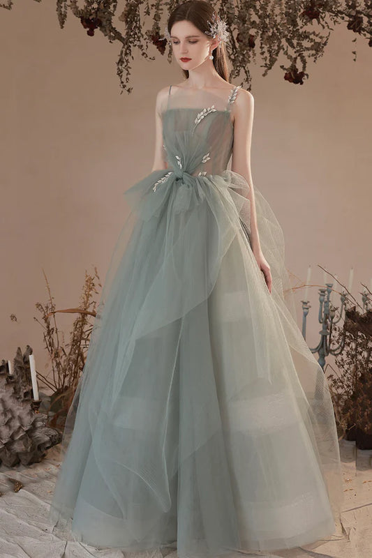 Light Green Tulle with Lace Long Prom Dress Green Evening Party Dress