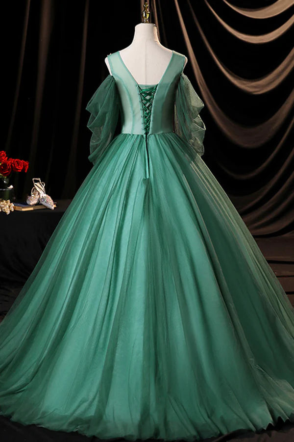 Green Scoop Neckline Tulle Formal Evening Dress A-Line Long Sleeve Prom Dress