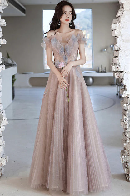 Pink Tulle Long A-Line Prom Dress Off the Shoulder Evening Party Dress