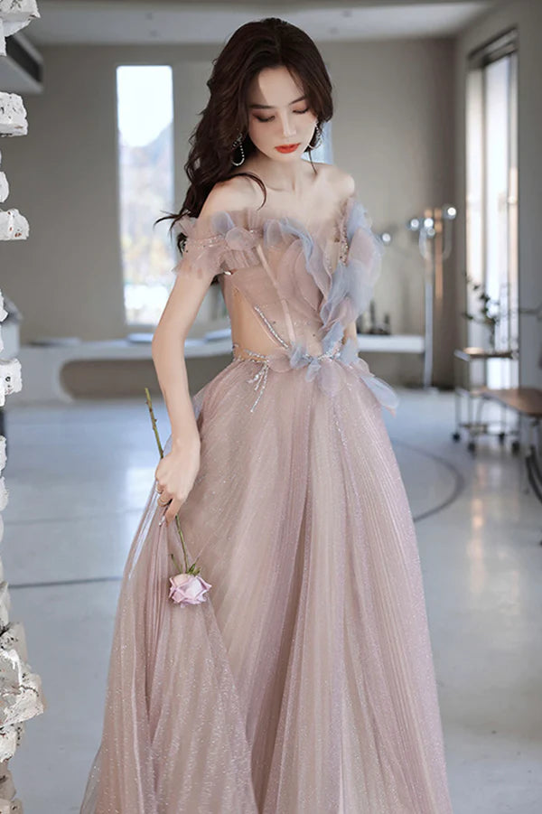 Pink Tulle Long A-Line Prom Dress Off the Shoulder Evening Party Dress