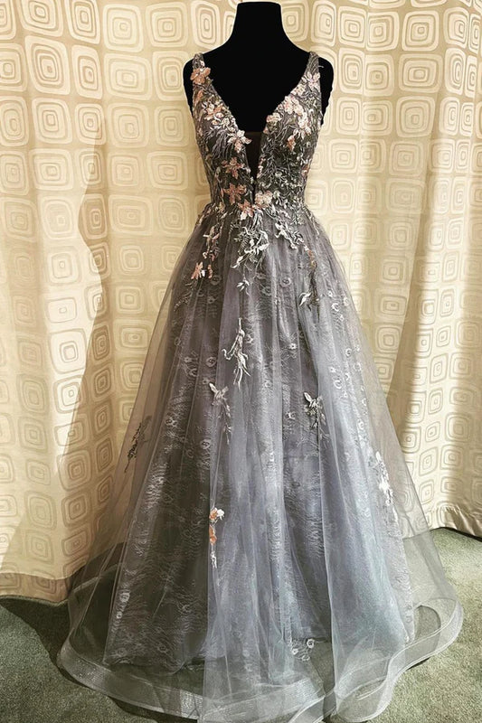 Gray Tulle Lace long A-Line Prom Dress Gray V-Neck Evening Party Dress