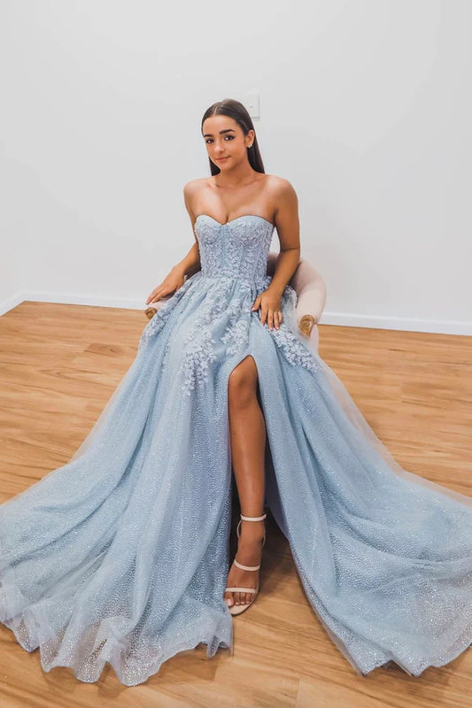 Blue Strapless Lace Long Prom Dress Lovely A-Line Evening Dress with Slit