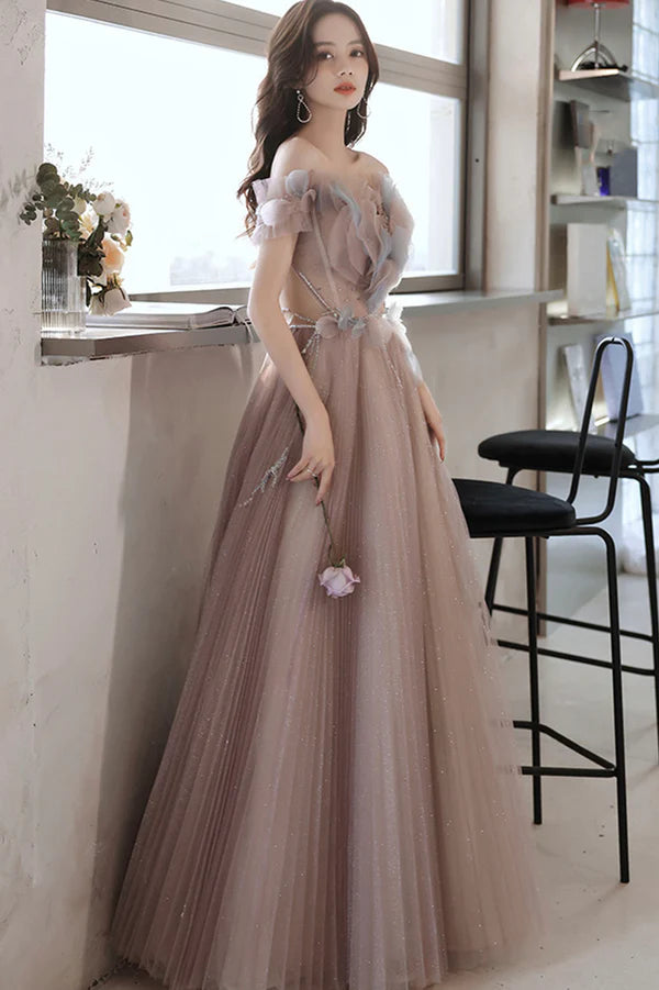 Pink Tulle Long A-Line Prom Dress Off the Shoulder Evening Party Dress