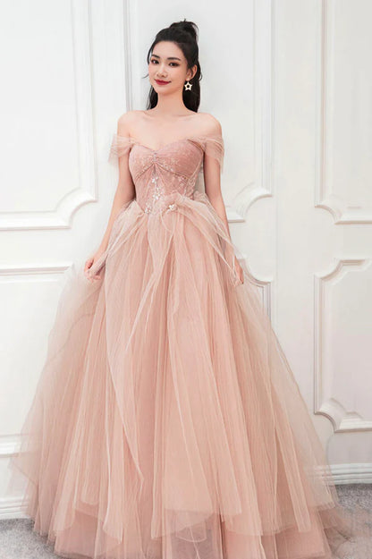 Pink Tulle Long A-Line Prom Dress Cute Off the Shoulder Graduation Dress