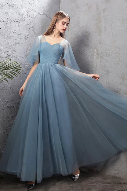 Blue Tulle Long A-Line Prom Dress Simple Blue Evening Bridesmaid Dress