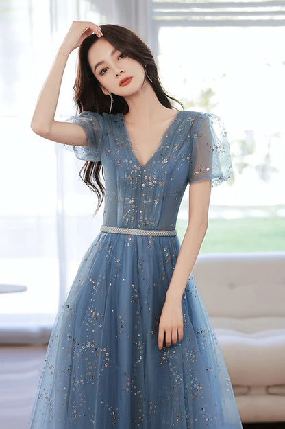 Blue V-Neck Tulle Sequins Long Prom Dress A-Line Evening Party Dress