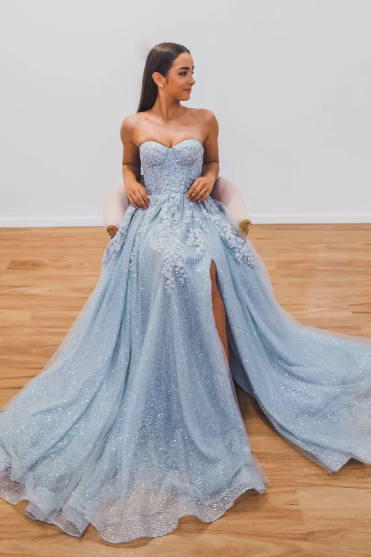 Blue Strapless Lace Long Prom Dress Lovely A-Line Evening Dress with Slit