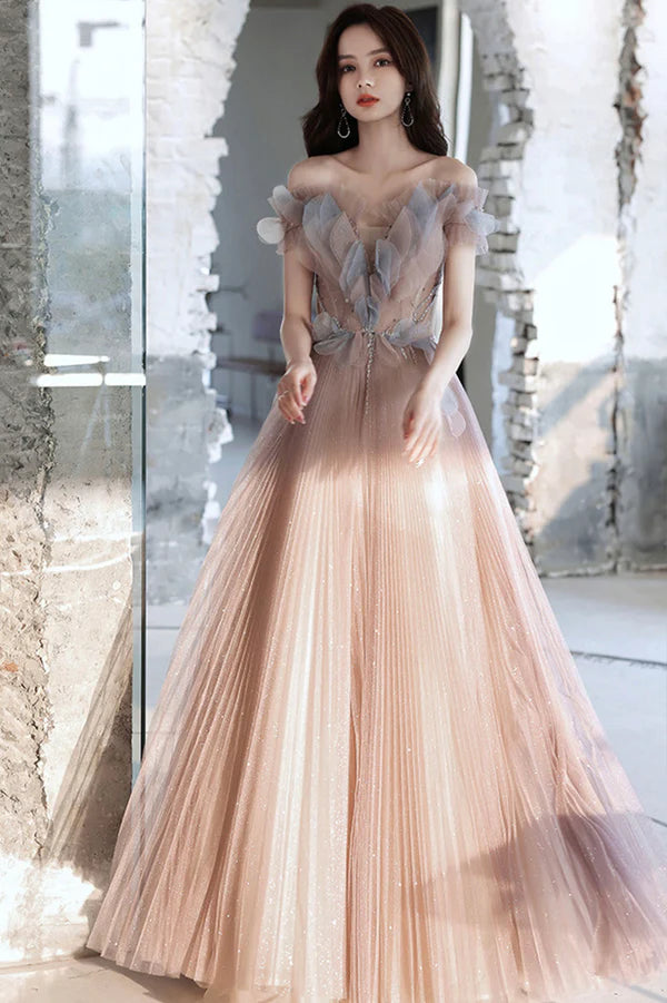 Pink Tulle Long A-Line Prom Dress Off the Shoulder Evening Party Dress