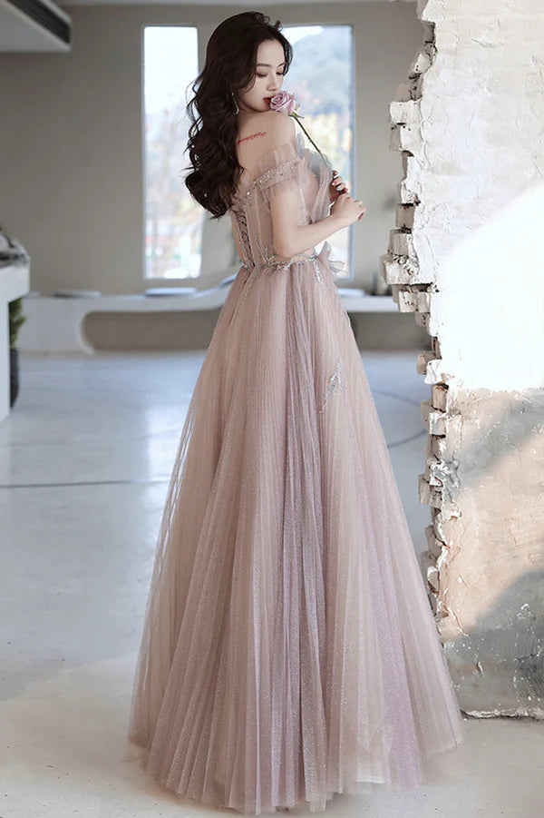 Pink Tulle Long A-Line Prom Dress Off the Shoulder Evening Party Dress