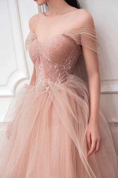 Pink Tulle Long A-Line Prom Dress Cute Off the Shoulder Graduation Dress