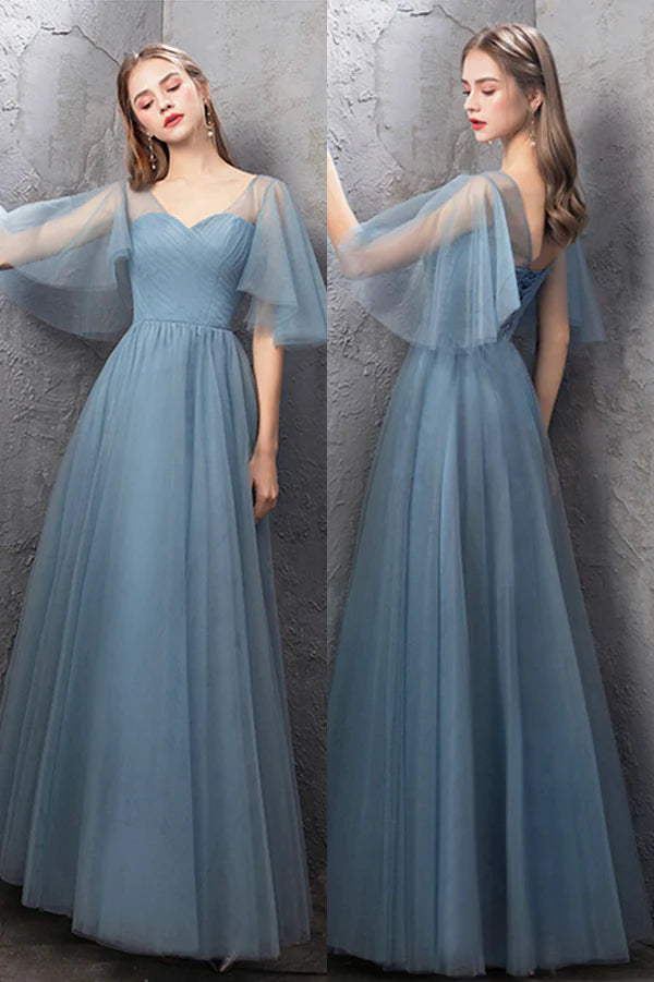 Blue Tulle Long A-Line Prom Dress Simple Blue Evening Bridesmaid Dress