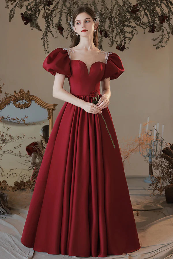 Burgundy Satin Long A-Line Prom Dress Cute Short Sleeve Graduation Dress