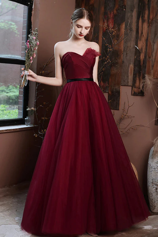 Burgundy Tulle Long A-Line Prom Dress Burgundy Strapless Evening Party Dress