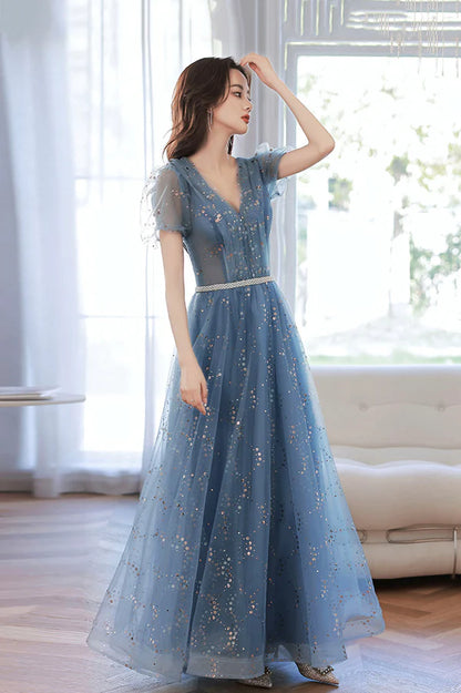 Blue V-Neck Tulle Sequins Long Prom Dress A-Line Evening Party Dress