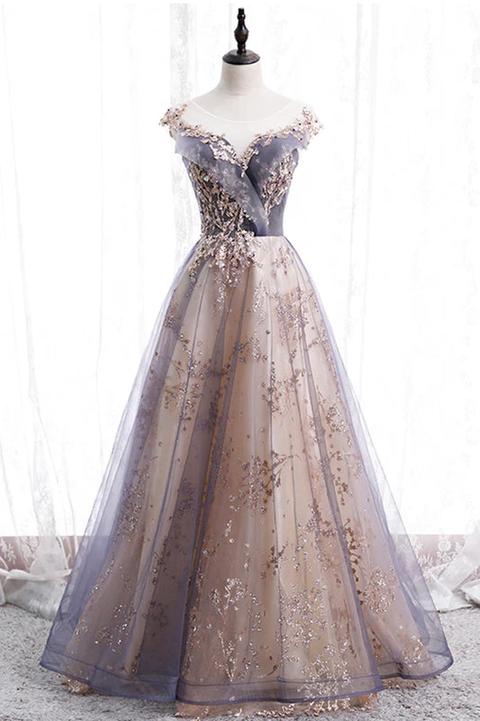 A-Line Tulle Long Prom Dress with Sequins Cute Scoop Neckline Evening Dress