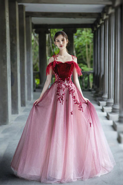 Red Velvet Tulle Long Prom Dress Lovely A-Line Graduation Dress