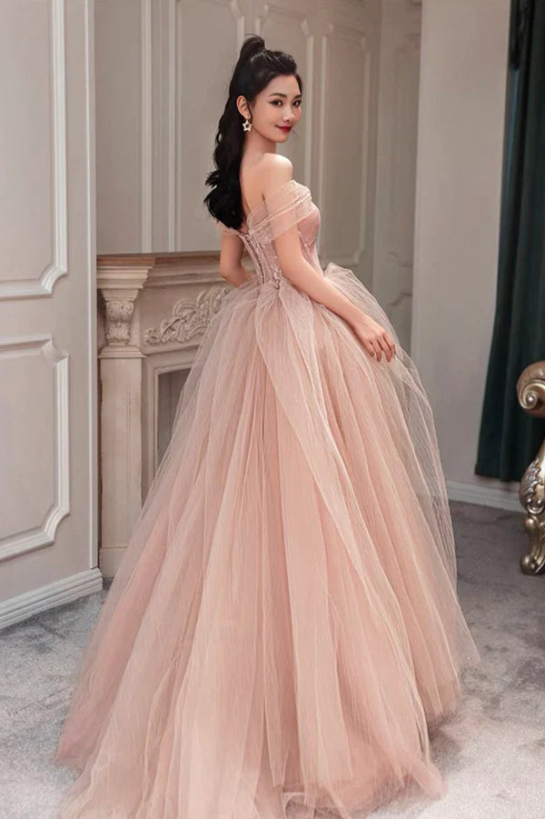 Pink Tulle Long A-Line Prom Dress Cute Off the Shoulder Graduation Dress