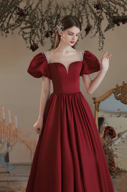 Burgundy Satin Long A-Line Prom Dress Cute Short Sleeve Graduation Dress