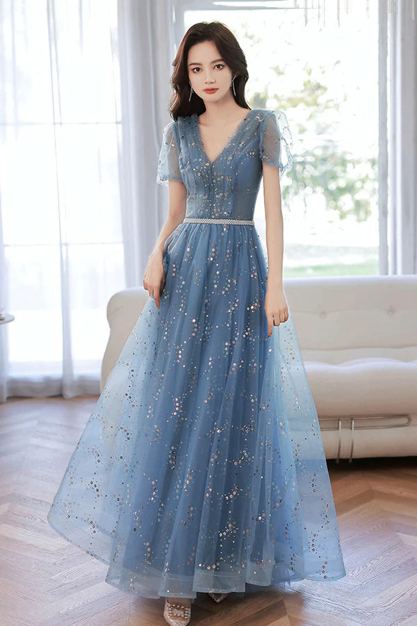 Blue V-Neck Tulle Sequins Long Prom Dress A-Line Evening Party Dress