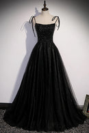 Black Tulle Beaded Long Prom Dress A-Line Spaghetti Straps Evening Dress