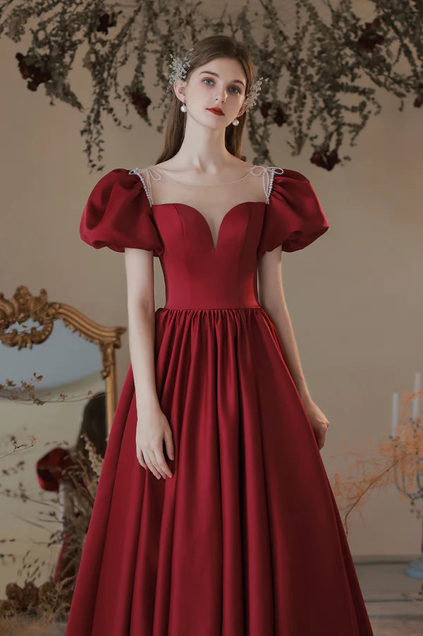 Burgundy Satin Long A-Line Prom Dress Cute Short Sleeve Graduation Dress