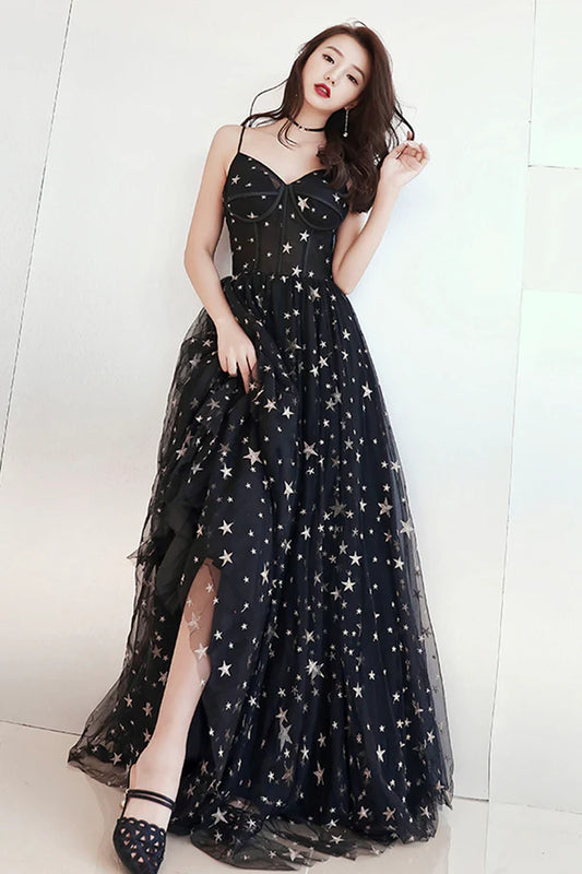 Black V-Neck Tulle Long Prom Dress Cute A-Line Evening Dress with Stars