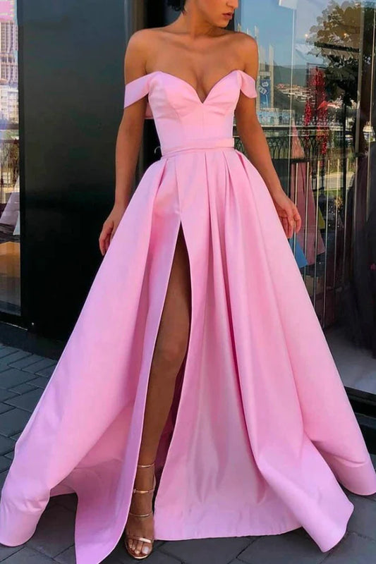 Simple Satin Long A-Line Prom Dress Off the Shoulder Evening Dress with Slit