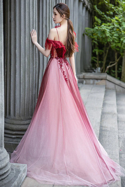 Red Velvet Tulle Long Prom Dress Lovely A-Line Graduation Dress